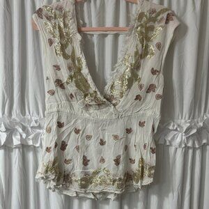 Free People White and Gold Embroidered Blouse